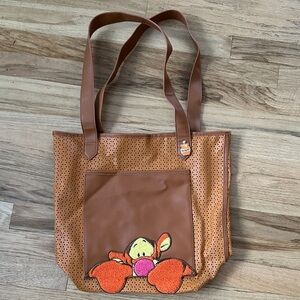 Brown Perforated Tote Bag with Cartoon Design